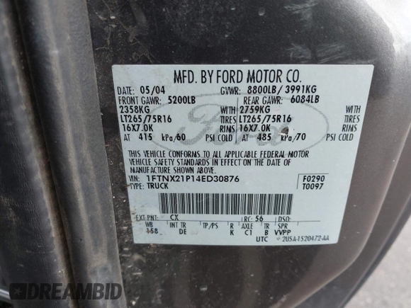 2004 Ford F-250 XL с VIN 1FTNX21P14ED30876, выставлен на аукционе IAAI как лот 41973059 с пробегом 242 959 миль миль и . История ставок и продаж доступна на DreamBid. Изображение 9.