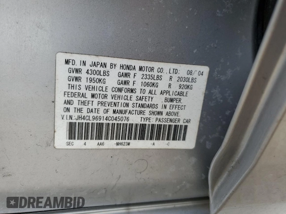 2004 Acura TSX w/Navigation with VIN JH4CL96914C045076, listed as a Copart auction lot 45740905 with 119,878 mi miles and Salvage Title. Bid and sale history available at carsss.com. Image 14.