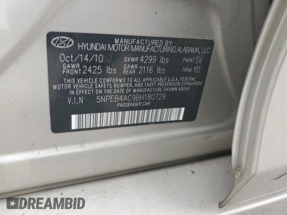 2011 Hyundai Sonata GLS with VIN 5NPEB4AC9BH180729, listed as a Copart auction lot 74673544 with 102,516 mi miles and Salvage Title. Bid and sale history available at DreamBid. Image 13.