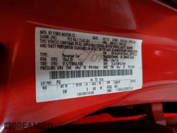 2013 Ford Focus SE with VIN 1FADP3F20DL267933, listed as a Copart auction lot 62896135 with 111,638 mi miles and Clean title. Bid and sale history available at DreamBid. Image 12.