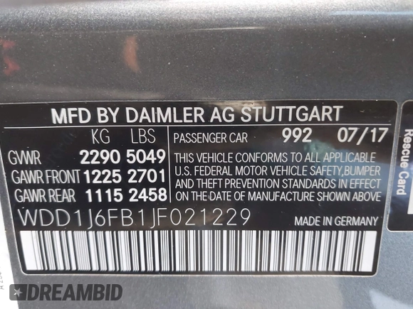 2018 Mercedes-Benz E 400 with VIN WDD1J6FB1JF021229, listed as a IAAI auction lot 42197884 with 72,011 mi miles and . Bid and sale history available at DreamBid. Image 9.