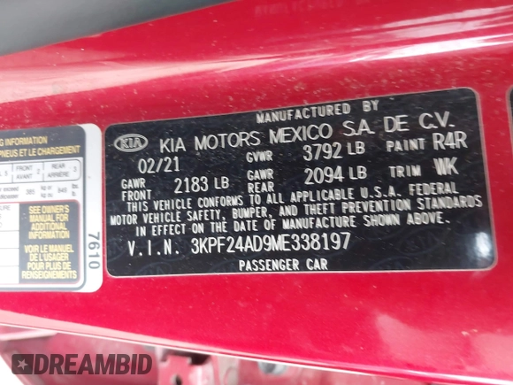 2021 Kia Forte FE with VIN 3KPF24AD9ME338197, listed as a IAAI auction lot 42018091 with 95,509 mi miles and . Bid and sale history available at carsss.com. Image 9.
