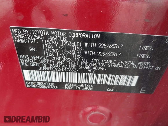 2015 Toyota RAV4 LE z VIN JTMBFREV2FD128337, wystawiony jako IAAI lot #42290854 z przebiegiem 114 219 mil mil oraz . Historia ofert i sprzedaży dostępna na DreamBid. Obrazek 9.
