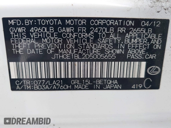 2013 Lexus GS 350 с VIN JTHCE1BL2D5005655, выставлен на аукционе IAAI как лот 42729264 с пробегом 105 638 миль миль и . История ставок и продаж доступна на DreamBid. Изображение 9.