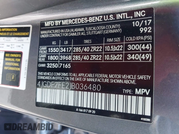 2018 Mercedes-Benz GLS 63 AMG with VIN 4JGDF7FE2JB036480, listed as a IAAI auction lot 39798161 with 38,731 mi miles and . Bid and sale history available at DreamBid. Image 9.