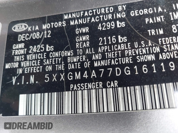 2013 Kia Optima LX with VIN 5XXGM4A77DG161195, listed as a IAAI auction lot 42241468 with 291,814 mi miles and . Bid and sale history available at carsss.com. Image 9.