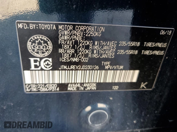 2018 Toyota RAV4 Hybrid SE with VIN JTMJJREV2JD230126, listed as a Copart auction lot 62574005 with 196,846 mi miles and Salvage title. Bid and sale history available at DreamBid. Image 13.