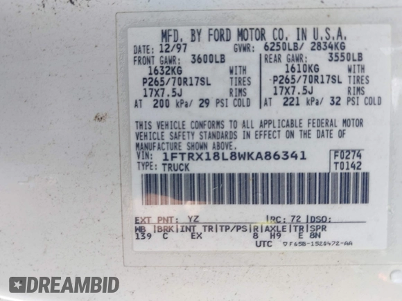 1998 Ford F-150 with VIN 1FTRX18L8WKA86341, listed as a IAAI auction lot 42222043 with 315,734 mi miles and . Bid and sale history available at DreamBid. Image 9.