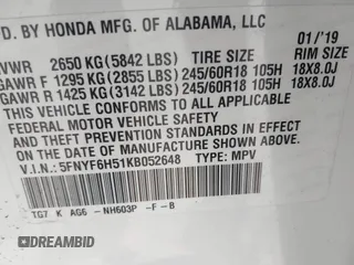 2019 Honda Pilot EX-L with VIN 5FNYF6H51KB052648, listed as a IAAI auction lot 41928269 with 67,878 mi miles and . Bid and sale history available at carsss.com. Image 9.