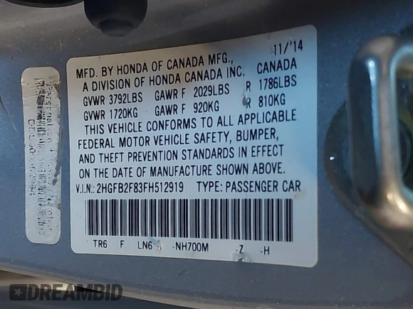 2015 Honda Civic EX with VIN 2HGFB2F83FH512919, listed as a IAAI auction lot 41986506 with 128,507 mi miles and . Bid and sale history available at DreamBid. Image 9.