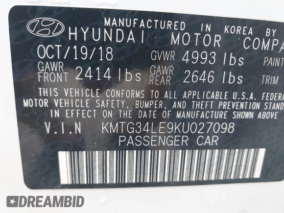 2019 Genesis G70 Dynamic with VIN KMTG34LE9KU027098, listed as a IAAI auction lot 41058372 with 71,732 mi miles and . Bid and sale history available at DreamBid. Image 9.