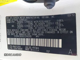 2012 Toyota Sienna XLE AAS with VIN 5TDYK3DC6CS240285, listed as a IAAI auction lot 42778248 with 122,091 mi miles and . Bid and sale history available at DreamBid. Image 9.