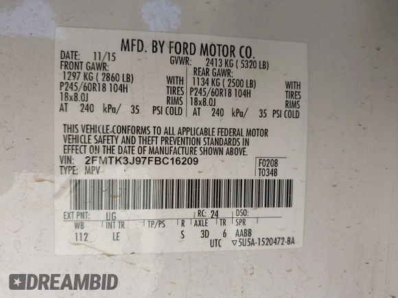 2015 Ford Edge SEL with VIN 2FMTK3J97FBC16209, listed as a IAAI auction lot 41974393 with 129,608 mi miles. Bid and sale history available at carsss.com. Image 9.