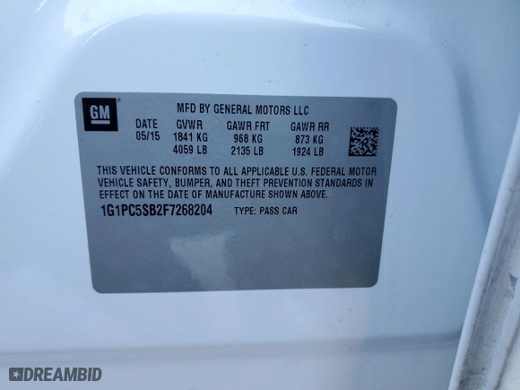 2015 Chevrolet Cruze LT with VIN 1G1PC5SB2F7268204, listed as a Copart auction lot 84710314 with 111,832 mi miles and Salvage Title. Bid and sale history available at carsss.com. Image 14.