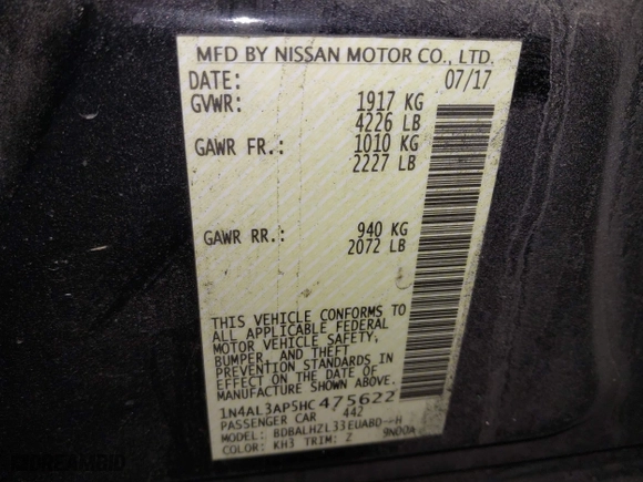 2017 Nissan Altima 2.5 SR with VIN 1N4AL3AP5HC475622, listed as a IAAI auction lot 41510202 with 132,074 mi miles. Bid and sale history available at carsss.com. Image 9.