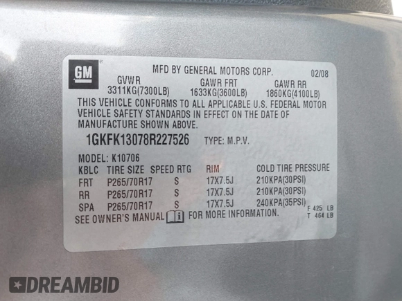 2008 GMC Yukon SLT w/4SB with VIN 1GKFK13078R227526, listed as a IAAI auction lot 41830004 with 143,728 mi miles. Bid and sale history available at carsss.com. Image 9.
