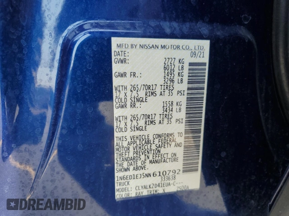2022 Nissan Frontier Pro-X with VIN 1N6ED1EJ5NN610792, listed as a Copart auction lot 59897795 with 51,214 mi miles and Salvage title. Bid and sale history available at DreamBid. Image 12.