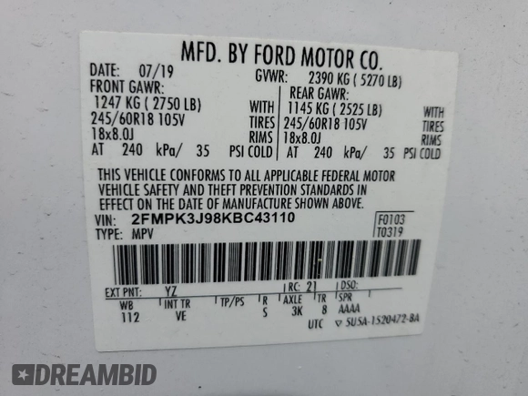 2019 Ford Edge SEL with VIN 2FMPK3J98KBC43110, listed as a Copart auction lot 54412115 with 80,685 mi miles and Salvage title. Bid and sale history available at DreamBid. Image 13.