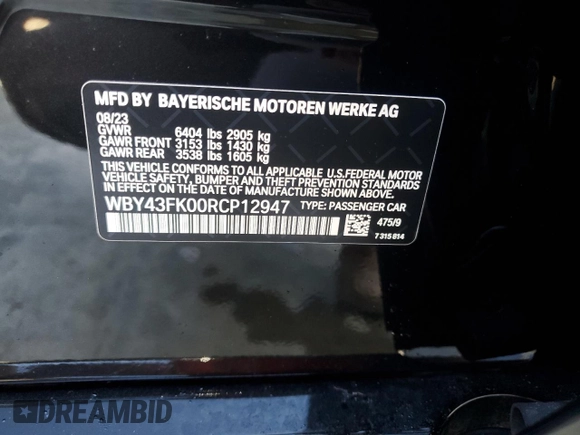 2024 BMW i5 M60 z VIN WBY43FK00RCP12947, wystawiony jako Copart lot #73754024 z przebiegiem Nie podano mil oraz Szkoda całkowita • Salvage title. Historia ofert i sprzedaży dostępna na DreamBid. Obrazek 13.