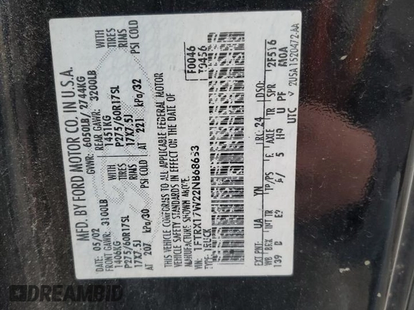 2002 Ford F-150 XL z VIN 1FTRX17W22NB68683, wystawiony jako Copart lot #50702385 z przebiegiem Nie podano mil oraz Szkoda całkowita • Salvage title. Historia ofert i sprzedaży dostępna na DreamBid. Obrazek 14.