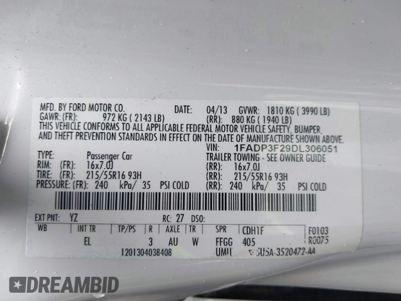 2013 Ford Focus SE with VIN 1FADP3F29DL306051, listed as a IAAI auction lot 42457611 with 86,817 mi miles and . Bid and sale history available at DreamBid. Image 9.