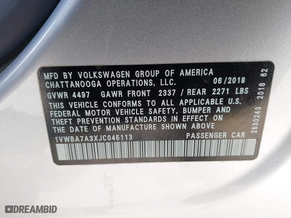 2018 Volkswagen Passat 2.0T SE with VIN 1VWBA7A3XJC045113, listed as a IAAI auction lot 41814006 with 59,095 mi miles. Bid and sale history available at carsss.com. Image 9.