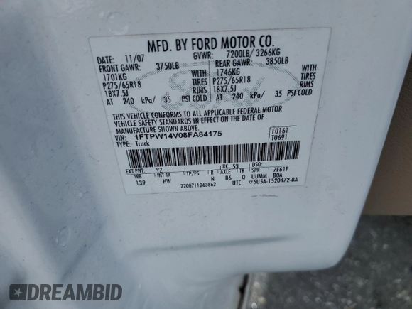 2008 Ford F-150 XLT with VIN 1FTPW14V08FA84175, listed as a Copart auction lot 58796915 with 218,516 mi miles and Salvage title. Bid and sale history available at DreamBid. Image 12.