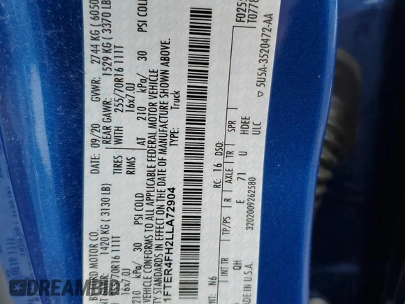 2020 Ford Ranger XL with VIN 1FTER4FH2LLA72904, listed as a Copart auction lot 61062265 with 39,262 mi miles and Salvage title. Bid and sale history available at DreamBid. Image 12.