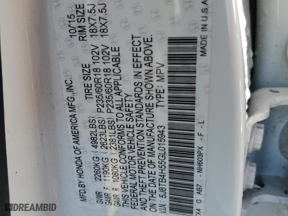 2016 Acura RDX Tech Pkg with VIN 5J8TB4H55GL015943, listed as a Copart auction lot 46461885 with 64,866 mi miles and Salvage Title. Bid and sale history available at carsss.com. Image 14.