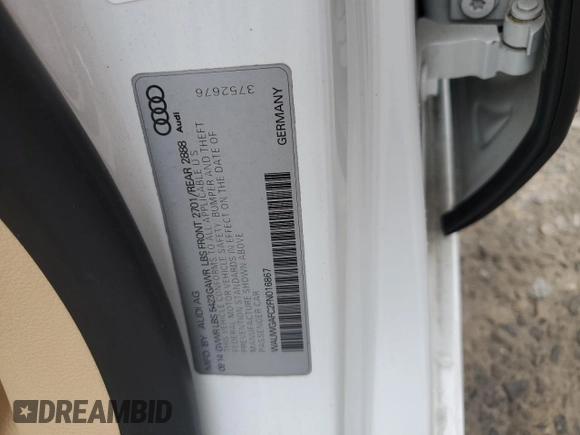 2015 Audi A7 Premium Plus with VIN WAUWGAFC2FN016867, listed as a Copart auction lot 57222335 with 86,014 mi miles and Salvage title. Bid and sale history available at DreamBid. Image 12.