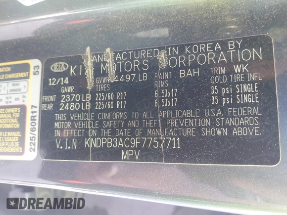 2015 Kia Sportage LX with VIN KNDPB3AC9F7757711, listed as a IAAI auction lot 41759749 with 179,111 mi miles and . Bid and sale history available at DreamBid. Image 9.