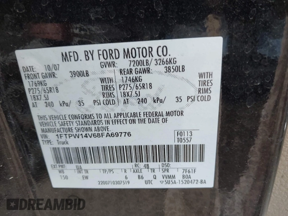 2008 Ford F-150 XLT with VIN 1FTPW14V68FA69776, listed as a IAAI auction lot 41823304 with 0 mi miles. Bid and sale history available at carsss.com. Image 9.