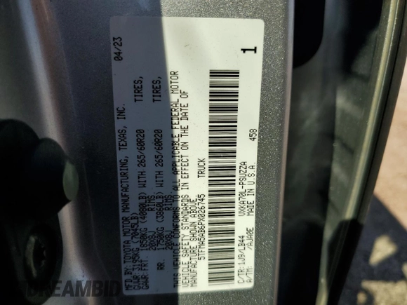 2023 Toyota Tundra 1794 Edition with VIN 5TFMA5AB6PX026745, listed as a Copart auction lot 56487415 with 30,545 mi miles and Salvage title. Bid and sale history available at DreamBid. Image 13.