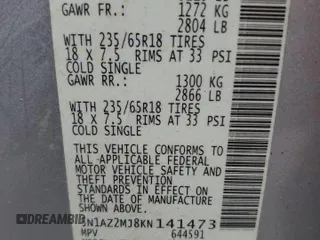 2019 Nissan Murano SV z VIN 5N1AZ2MJ8KN141473, wystawiony jako Copart lot #53572465 z przebiegiem 206 254 mil mil oraz Szkoda całkowita • Salvage title. Historia ofert i sprzedaży dostępna na DreamBid. Obrazek 14.