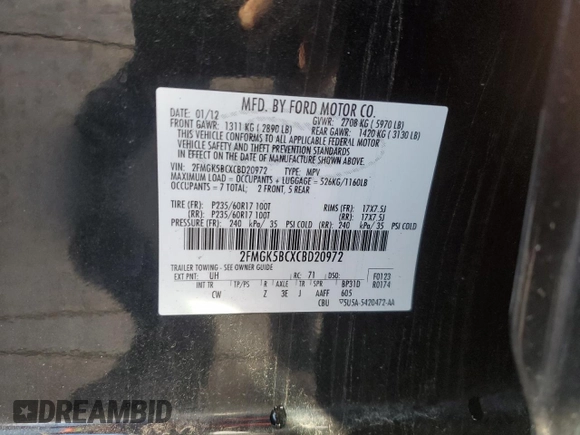 2012 Ford Flex SE with VIN 2FMGK5BCXCBD20972, listed as a Copart auction lot 45088295 with 103,500 mi miles and Salvage Title. Bid and sale history available at carsss.com. Image 13.