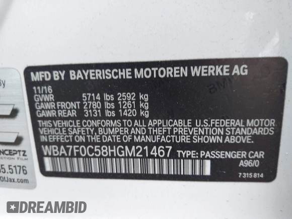 2017 BMW 7 Series 750i with VIN WBA7F0C58HGM21467, listed as a IAAI auction lot 41632663 with 136,620 mi miles. Bid and sale history available at carsss.com. Image 9.