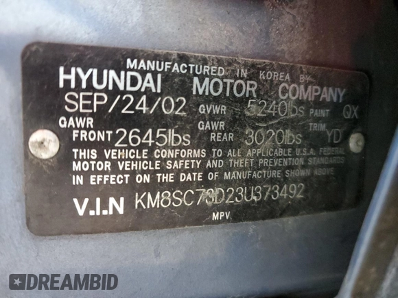 2003 Hyundai Santa Fe GLS with VIN KM8SC73D23U373492, listed as a Copart auction lot 75107684 with 205,655 mi miles and Salvage Title. Bid and sale history available at carsss.com. Image 13.