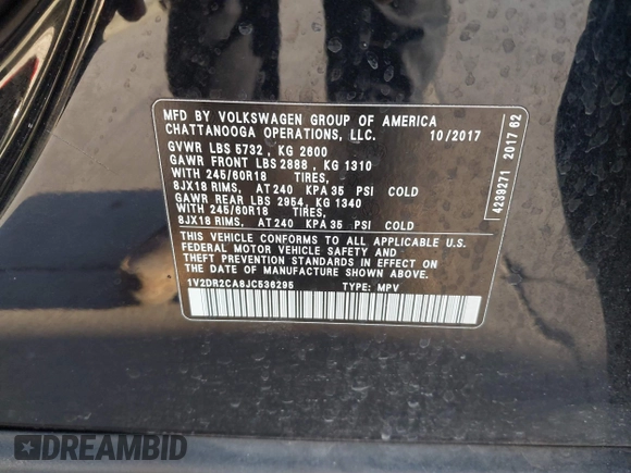 2018 Volkswagen Atlas SE with VIN 1V2DR2CA8JC536295, listed as a IAAI auction lot 41275322 with 166,684 mi miles and . Bid and sale history available at DreamBid. Image 9.