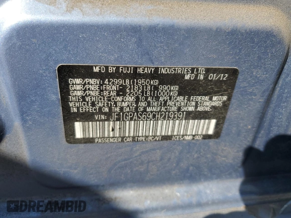 2012 Subaru Impreza Special Sports Limited с VIN JF1GPAS69CH219391, выставлен на аукционе Copart как лот 48656635 с пробегом 133 526 миль миль и Чистый • Clean title. История ставок и продаж доступна на DreamBid. Изображение 12.