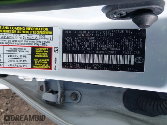 2019 Toyota Camry XSE with VIN 4T1B61HK6KU742901, listed as a IAAI auction lot 41651481 with 68,505 mi miles. Bid and sale history available at carsss.com. Image 9.