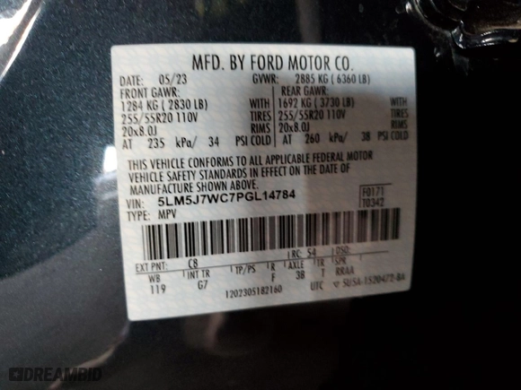 2023 Lincoln Aviator Reserve with VIN 5LM5J7WC7PGL14784, listed as a Copart auction lot 85020174 with 3,617 mi miles and Salvage Title. Bid and sale history available at carsss.com. Image 16.