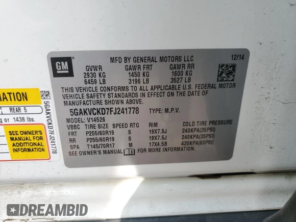 2015 Buick Enclave Premium with VIN 5GAKVCKD7FJ241778, listed as a Copart auction lot 51174765 with 103,857 mi miles and Clean Title. Bid and sale history available at DreamBid. Image 14.