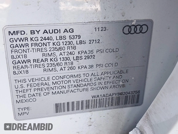 2024 Audi Q5 Premium with VIN WA1ABAFY8R2043756, listed as a IAAI auction lot 41410186 with 23,906 mi miles and . Bid and sale history available at DreamBid. Image 9.