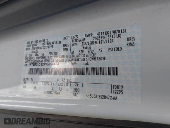 2023 Ford Transit Cargo с VIN 1FTBR1C82PKA54484, выставлен на аукционе IAAI как лот 40983625 с пробегом 57 151 миль миль и . История ставок и продаж доступна на DreamBid. Изображение 9.
