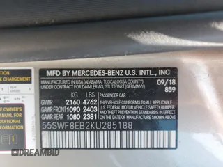 2019 Mercedes-Benz C 300 with VIN 55SWF8EB2KU285188, listed as a Copart auction lot 59468995 with Not provided miles and Non repairable. Bid and sale history available at DreamBid. Image 12.
