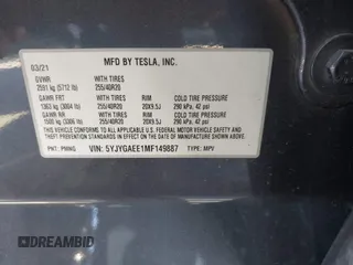 2021 Tesla Model Y Long Range with VIN 5YJYGAEE1MF149887, listed as a IAAI auction lot 42032104 with 54,932 mi miles. Bid and sale history available at carsss.com. Image 9.
