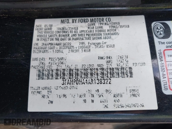 2010 Ford Fusion SE with VIN 3FAHP0HA4AR138322, listed as a IAAI auction lot 41657505 with 173,609 mi miles. Bid and sale history available at carsss.com. Image 9.