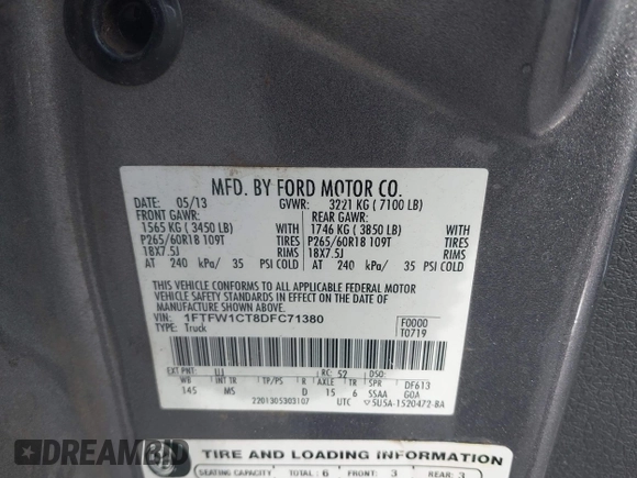 2013 Ford F-150 XL with VIN 1FTFW1CT8DFC71380, listed as a IAAI auction lot 42636097 with 191,630 mi miles and . Bid and sale history available at DreamBid. Image 9.