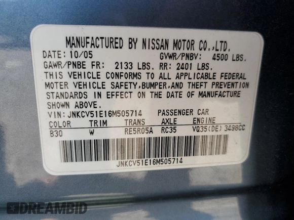 2006 Infiniti G35 with VIN JNKCV51E16M505714, listed as a Copart auction lot 70268654 with 75,549 mi miles and Salvage Title. Bid and sale history available at DreamBid. Image 12.