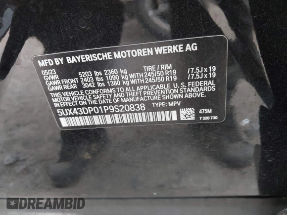 2023 BMW X3 sDrive30i with VIN 5UX43DP01P9S20838, listed as a IAAI auction lot 41696096 with 40,922 mi miles and . Bid and sale history available at DreamBid. Image 9.